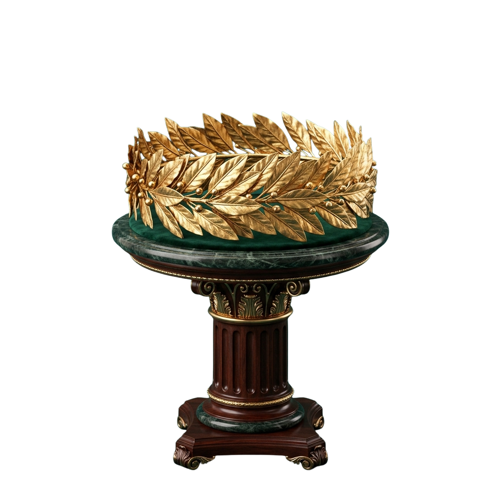 A decorative golden laurel wreath displayed on a marble pedestal with ornate column details.