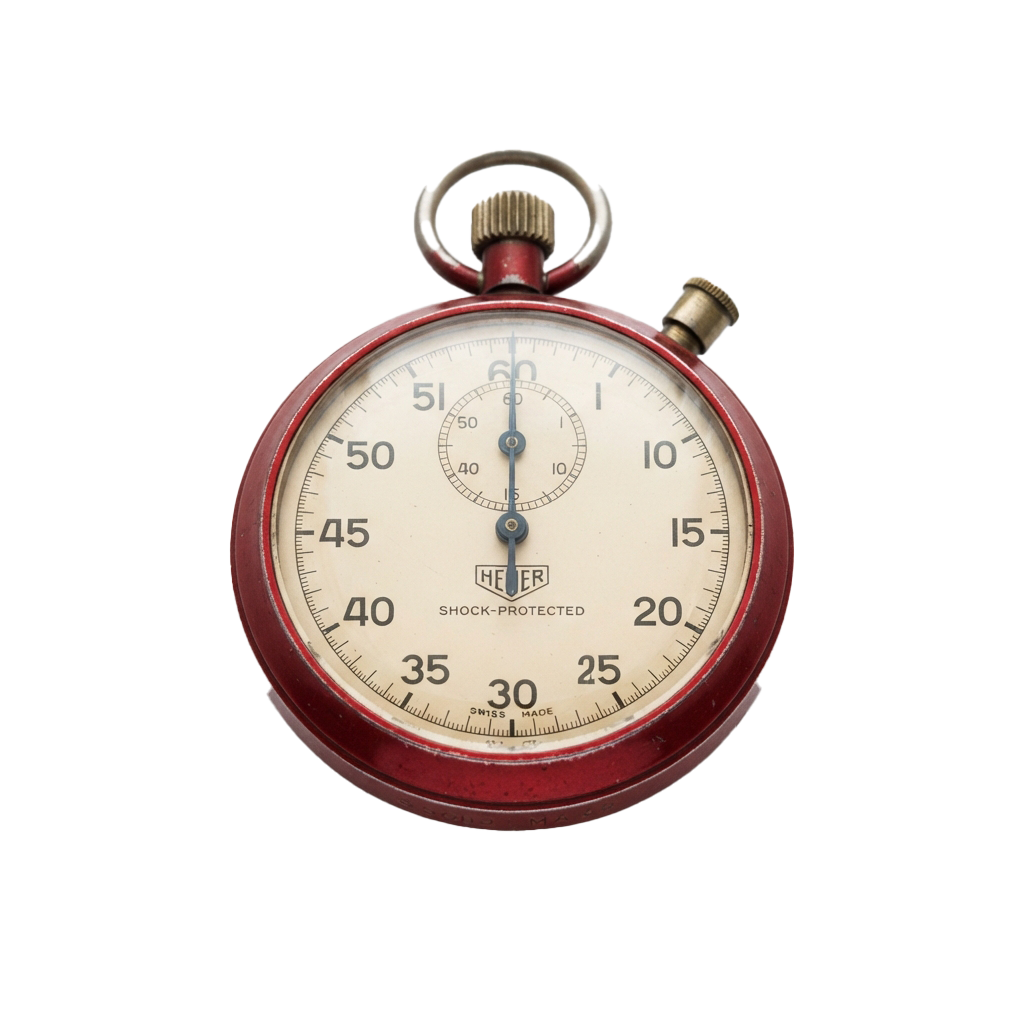 A red-bodied vintage stopwatch with a white face showing time markings and a shock-protected feature.