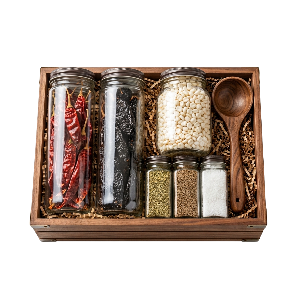 A wooden box containing six glass jars filled with spices, dried chilies, beans, and a wooden spoon