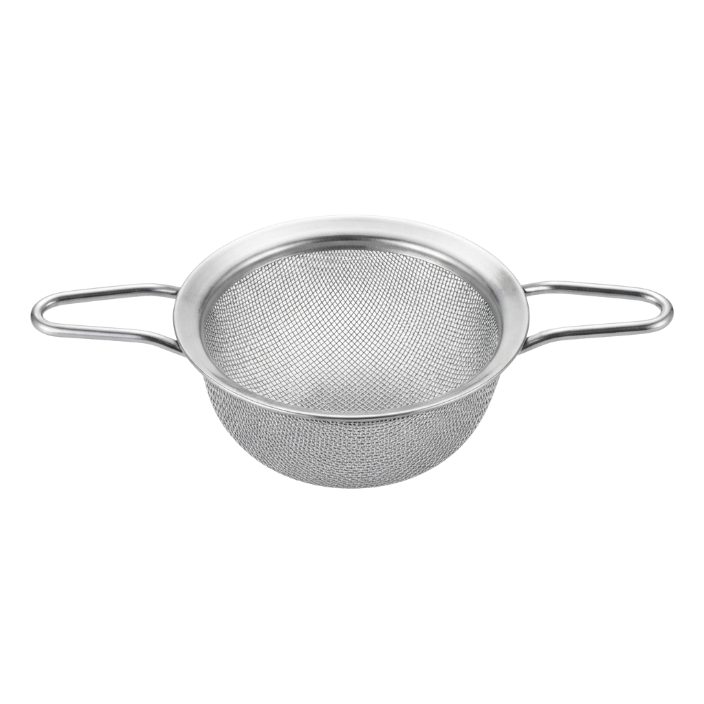 A stainless steel kitchen strainer with two side handles and a fine mesh for draining liquids and small particles.