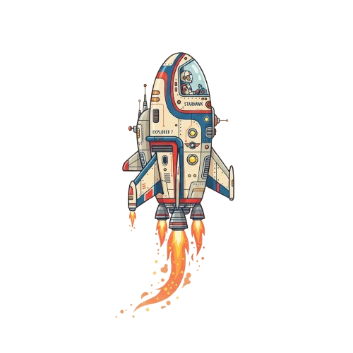 A colorful retro rocket ship illustration with a pilot inside, launching with orange flames at the base