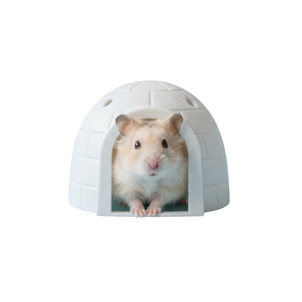 A hamster with light brown fur sticking its head out of a white igloo-shaped hideout toy