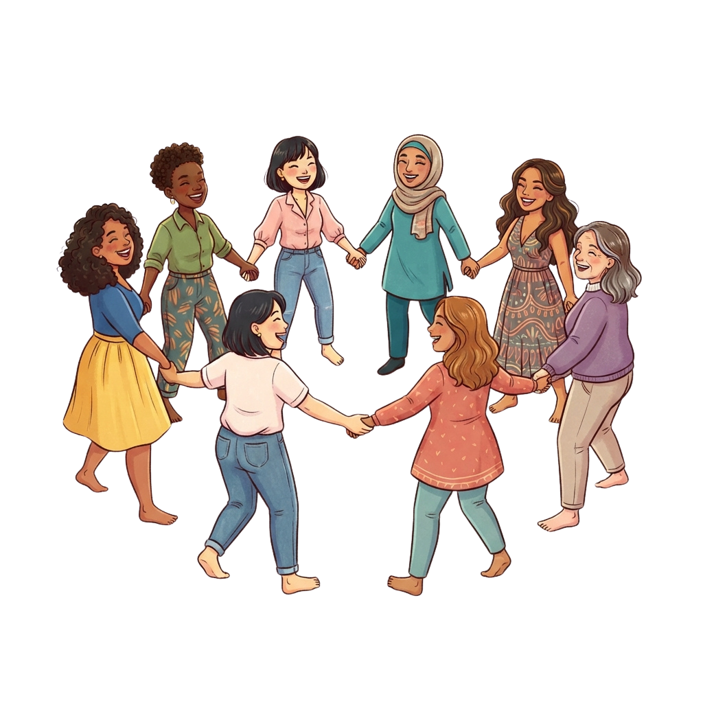 Eight women of different ages and ethnicities holding hands in a circle, smiling and appearing joyful.