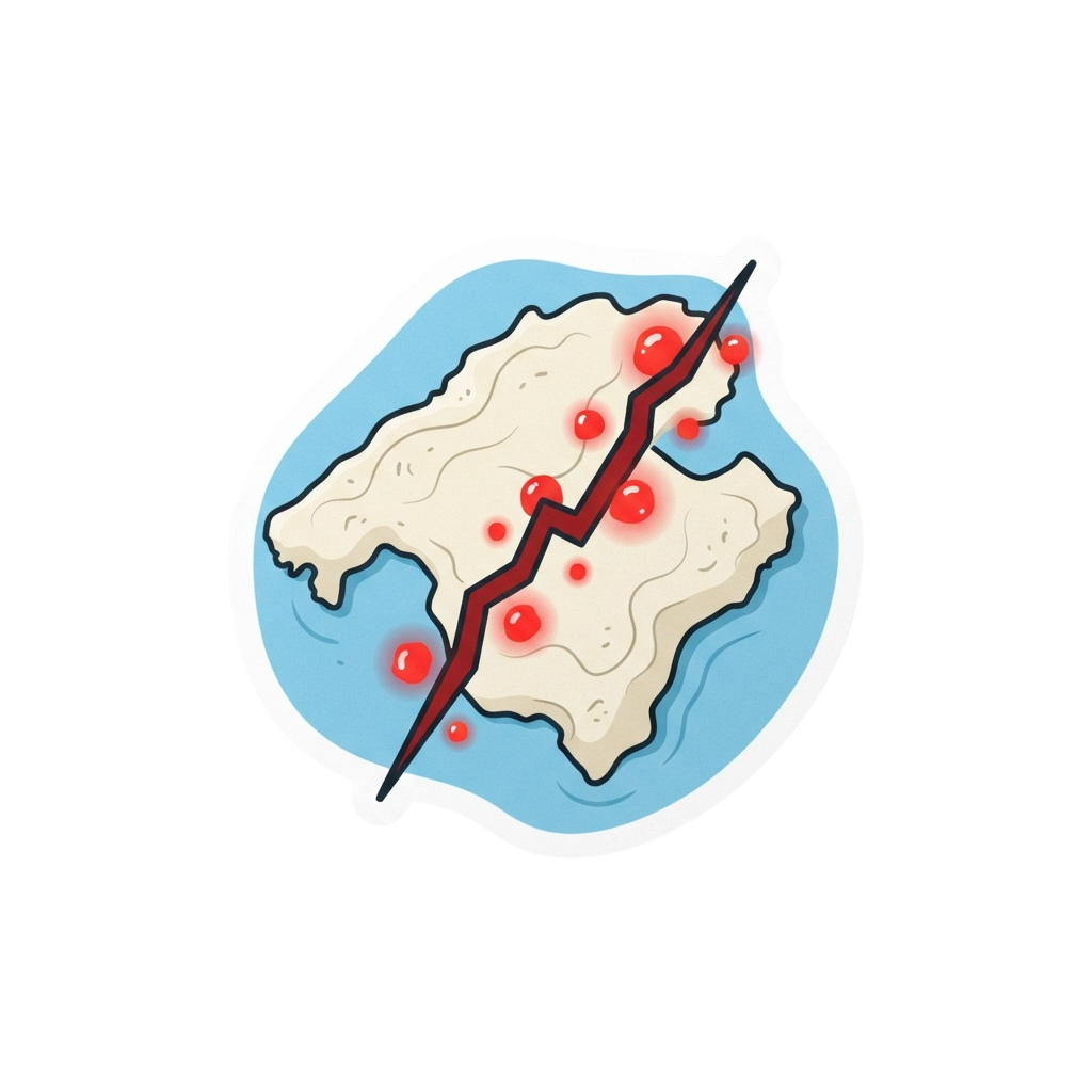 Map of a country with red dots marking earthquake zones and a red line indicating a fault line