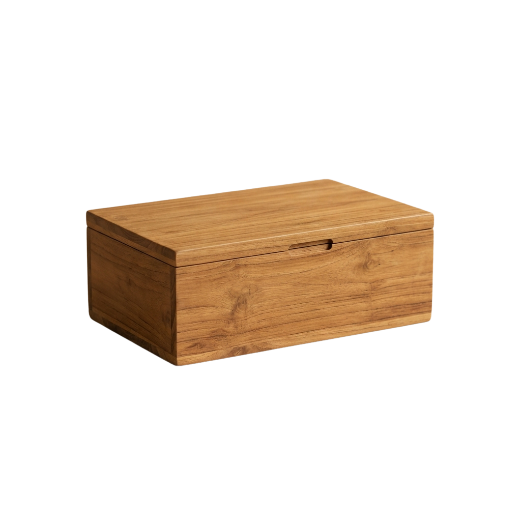 A rectangular wooden box with a light brown finish, lid, and a small metal handle