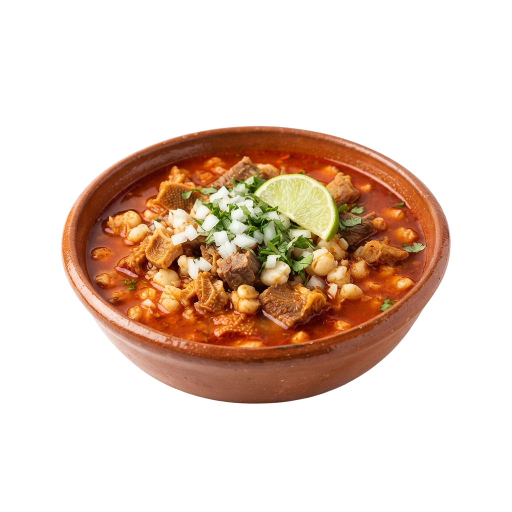 A clay pot filled with beef and chickpea stew garnished with lime, cilantro, and white onions