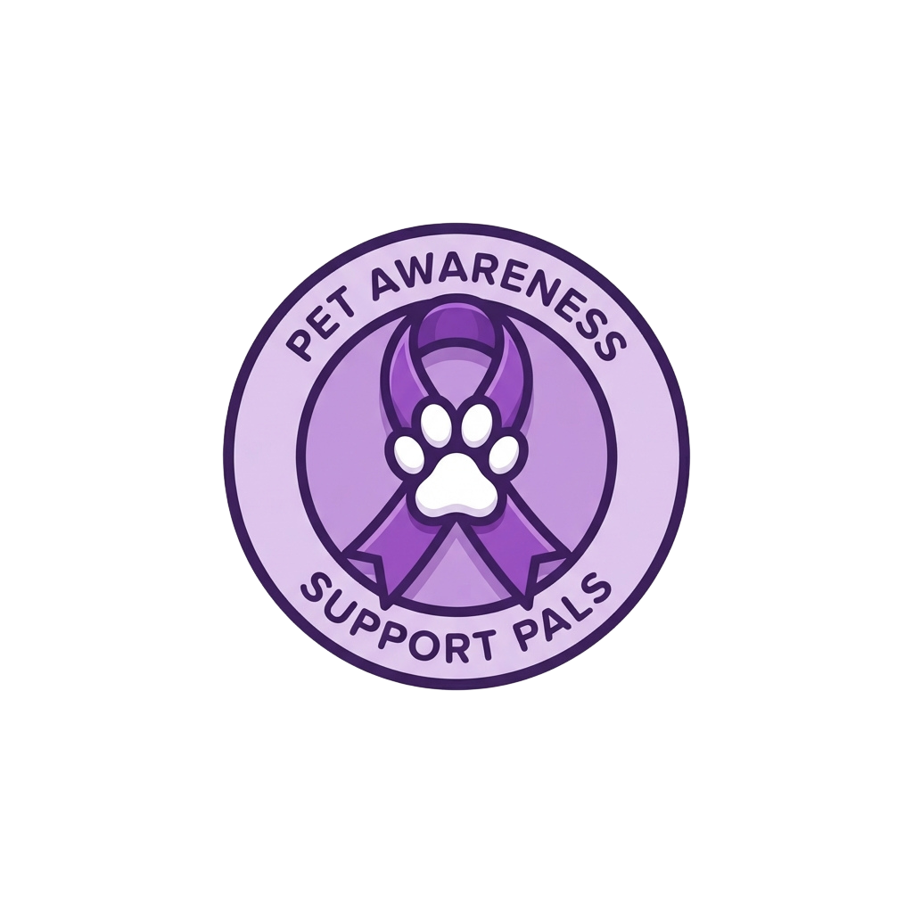 Purple ribbon logo with paw print symbolizing pet awareness and support