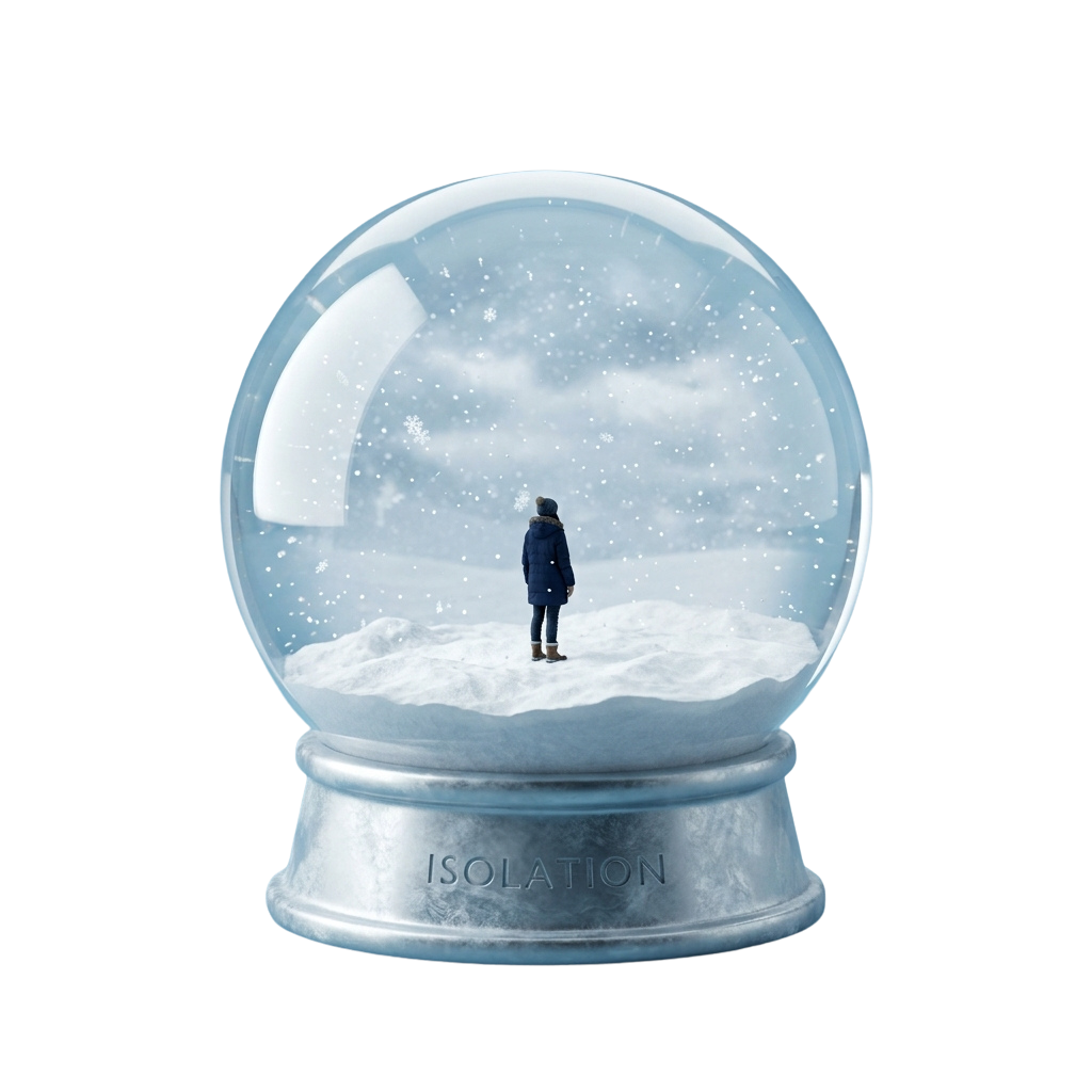A snow globe containing a solitary figure standing on a snowy landscape, labeled Isolation