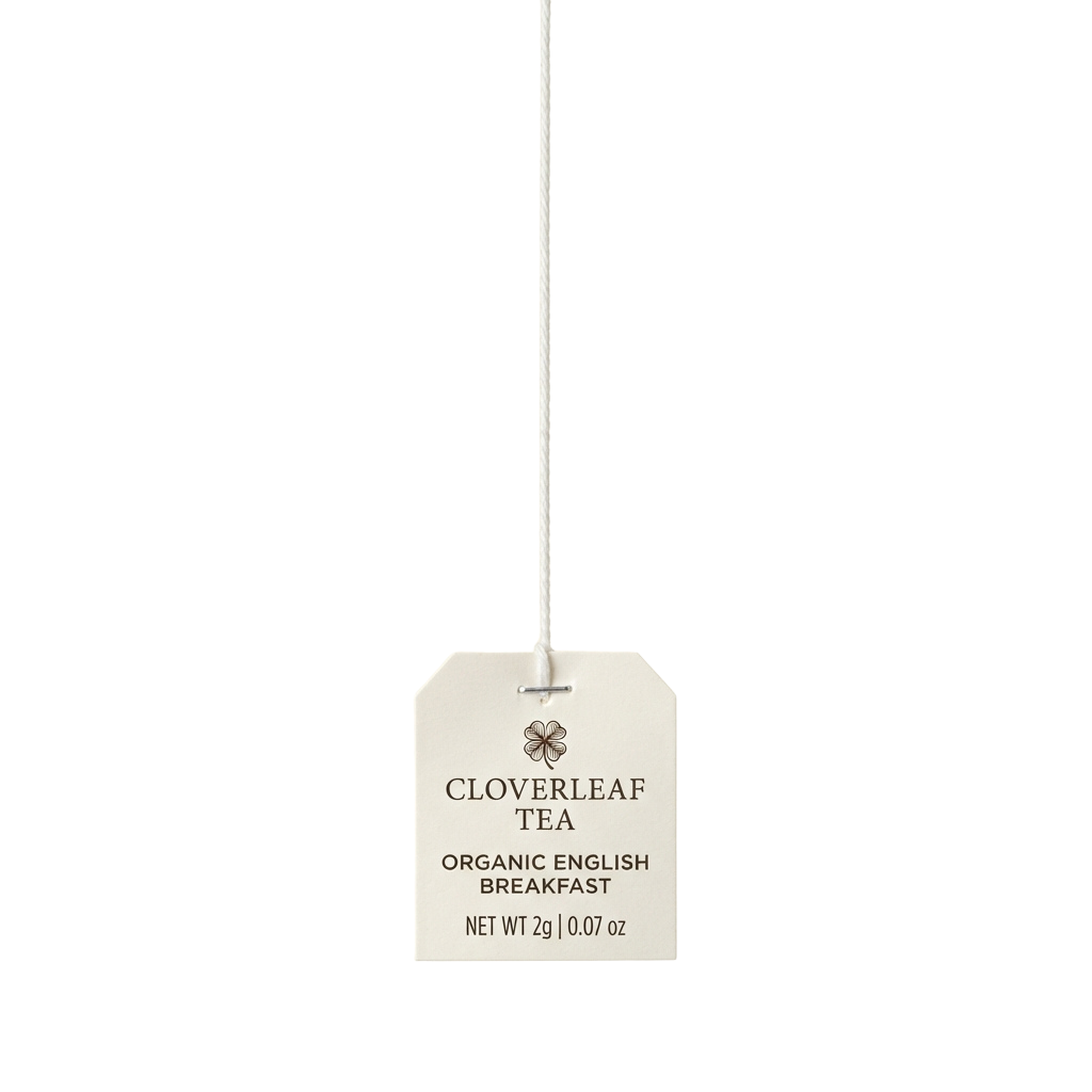 White tea tag hanging by string displaying Cloverleaf Tea Organic English Breakfast label with weight information