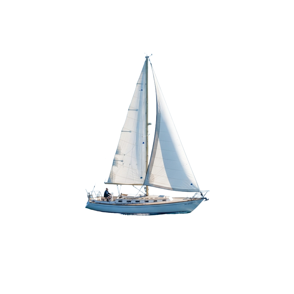 A sleek white sailboat with two sails fully extended, sailing on calm water under a dark night sky