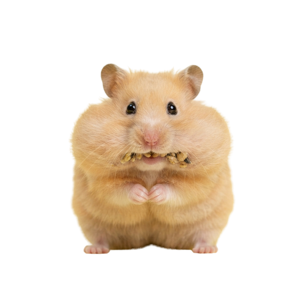 A light tan Syrian hamster sitting upright, holding food in its front paws and mouth