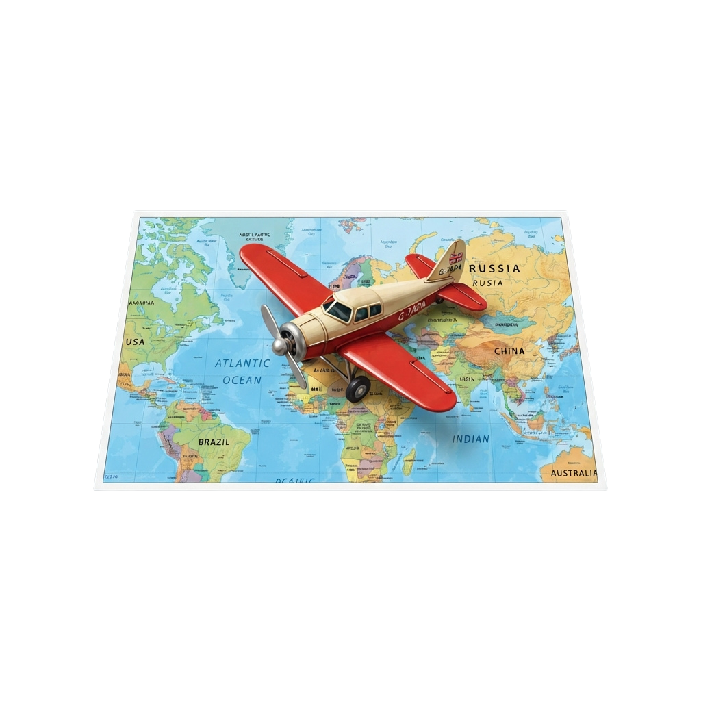 A small vintage-style airplane model flying over a world map poster with labeled continents and oceans
