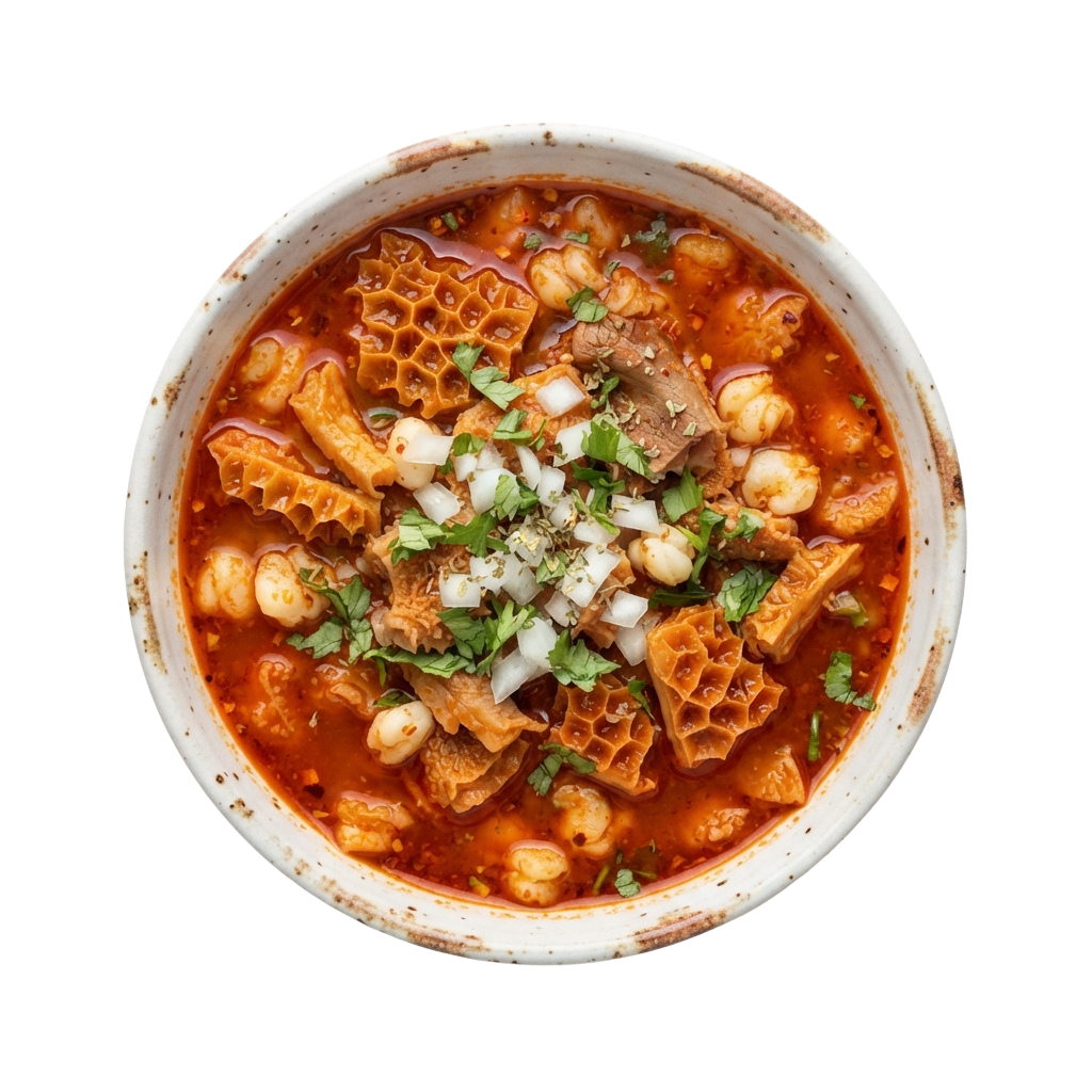 Bowl of penne pasta soup with chickpeas, meat, onions, and chopped parsley garnish