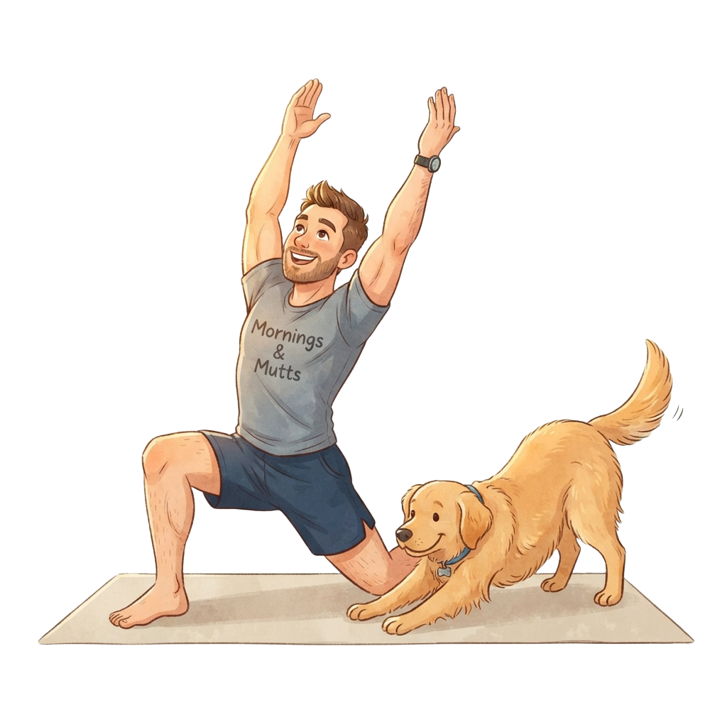 A man in a squatting yoga pose with arms raised, next to a smiling golden retriever on a mat.