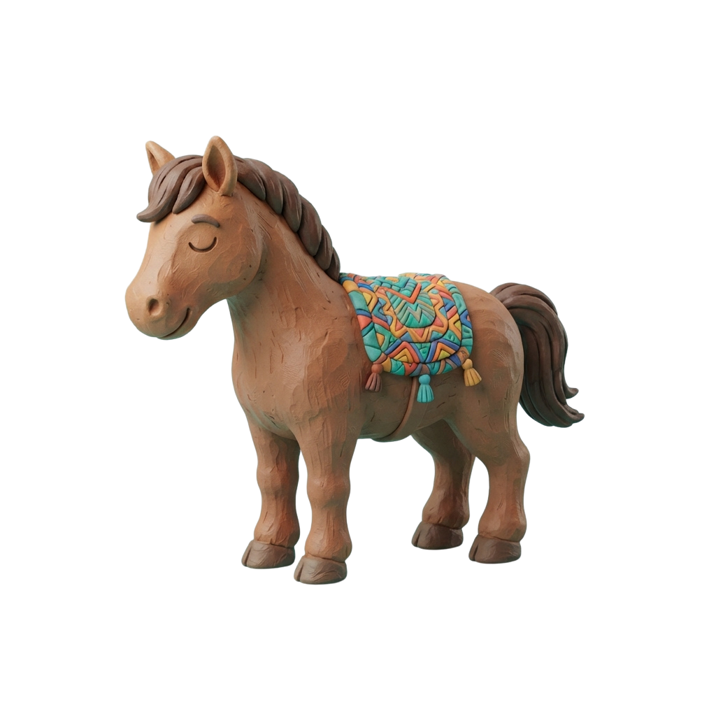 A brown clay horse figurine wearing a colorful, patterned saddle blanket with tassels