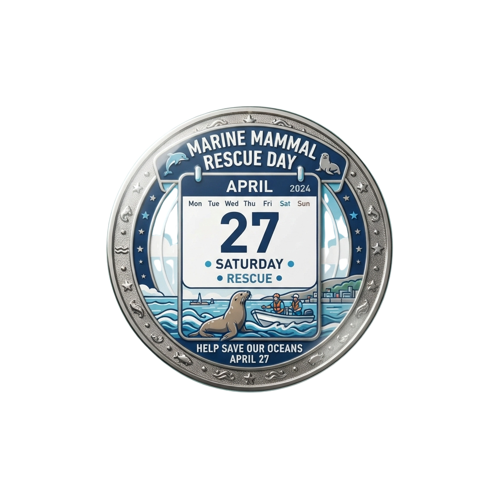 Round coin featuring Marine Mammal Rescue Day on April 27 with marine life illustrations and a calendar design