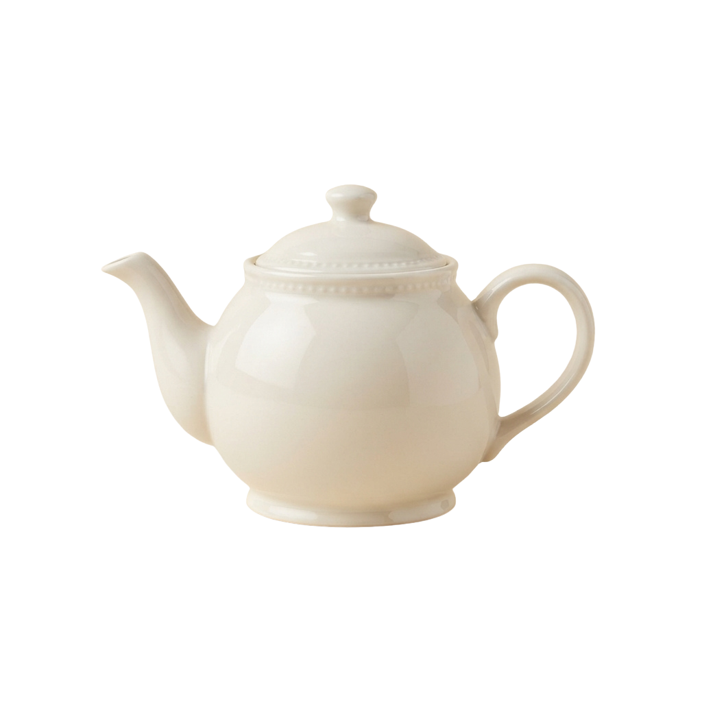 A white ceramic teapot with a lid and handle against a black background