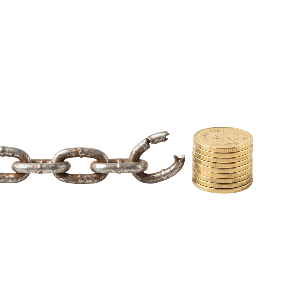 A broken silver chain next to a stack of gold-colored coins on a black background