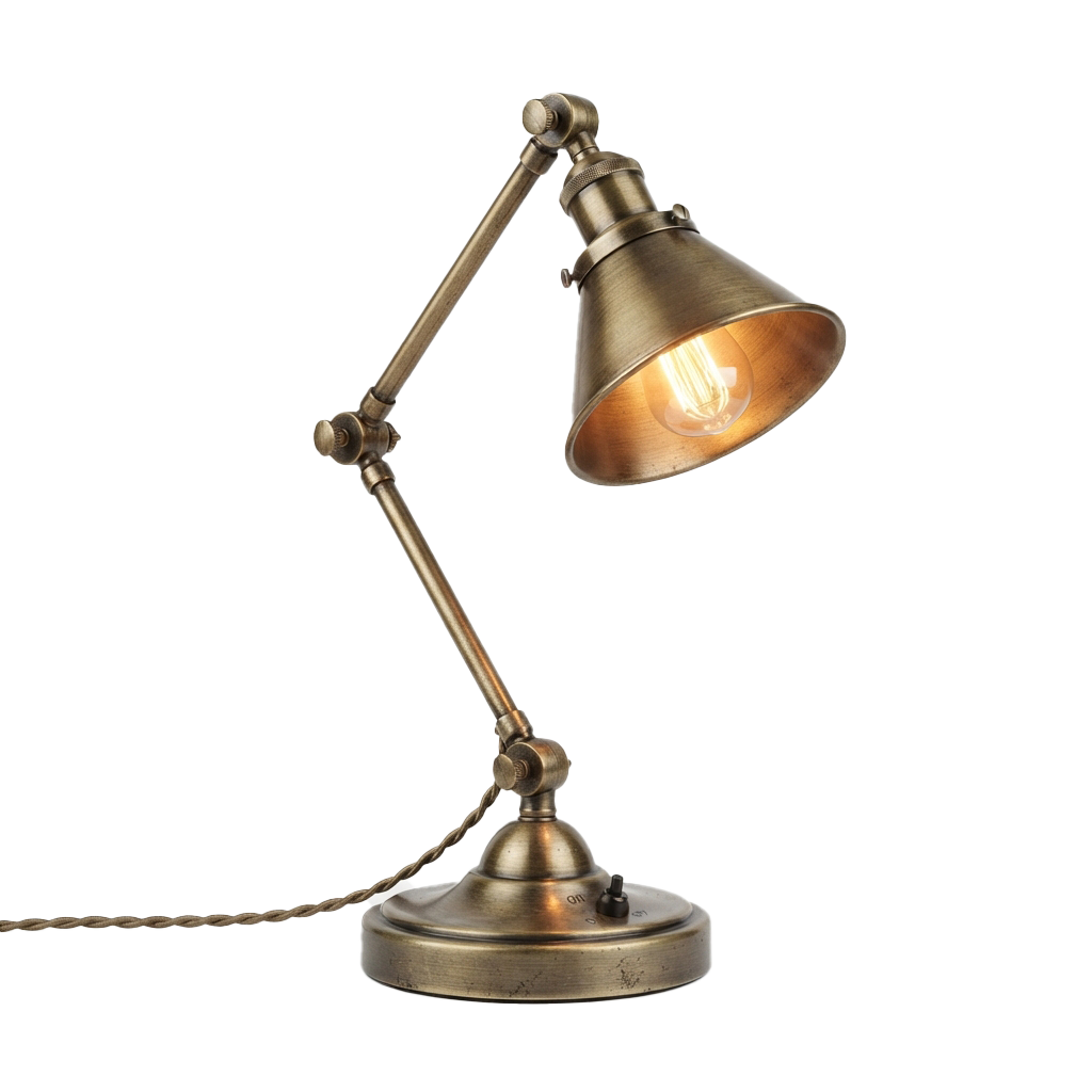 A brass-colored adjustable desk lamp with a flexible arm and warm glowing light.