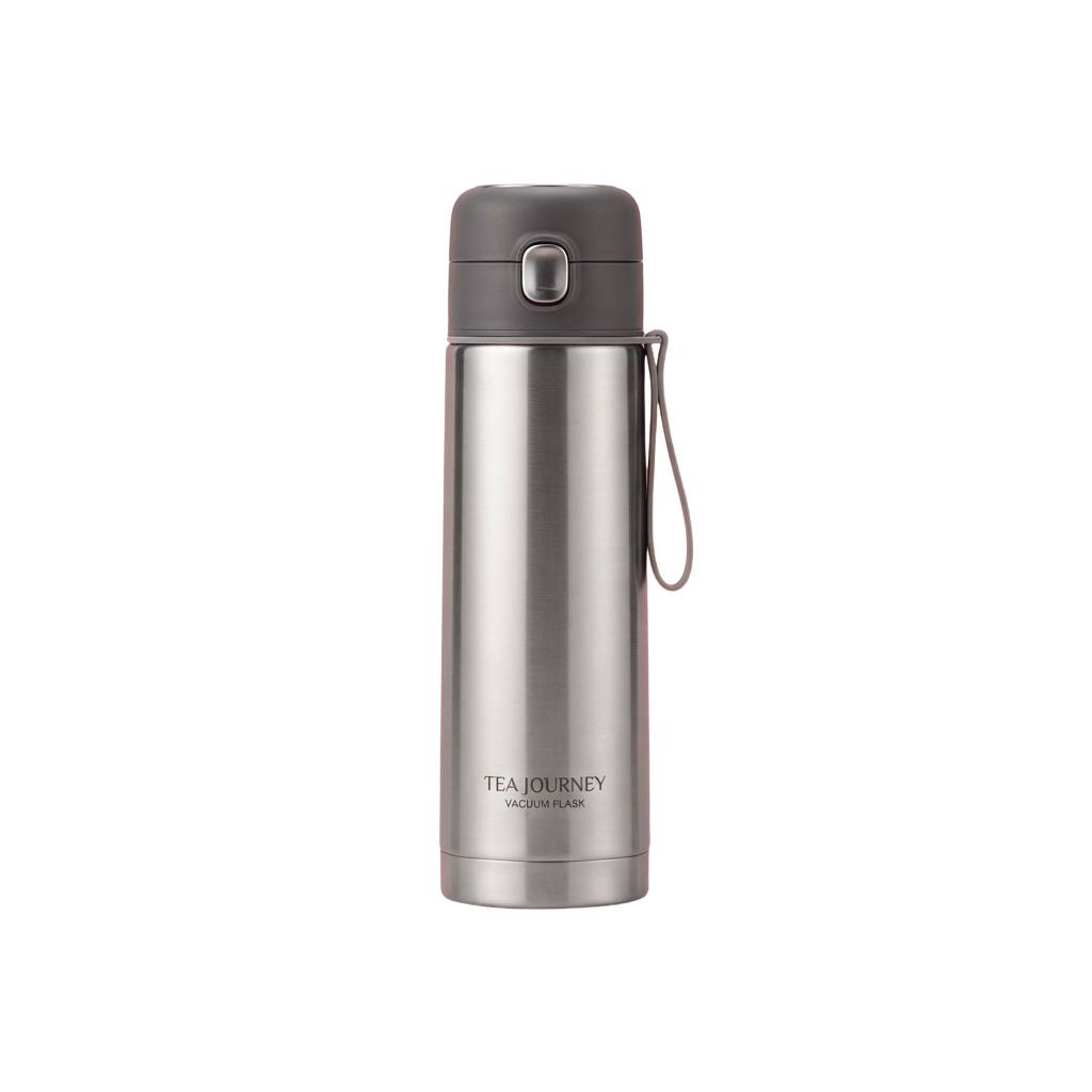 Shiny stainless steel vacuum flask with a grey lid and loop handle for carrying