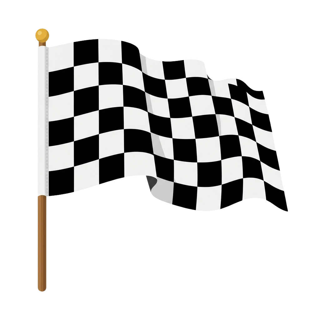 A checkered flag waving on a pole against a dark background