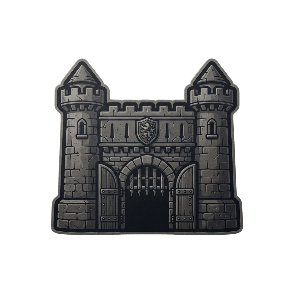 A detailed illustration of a medieval-style castle gate with two towers and a coat of arms above the entrance
