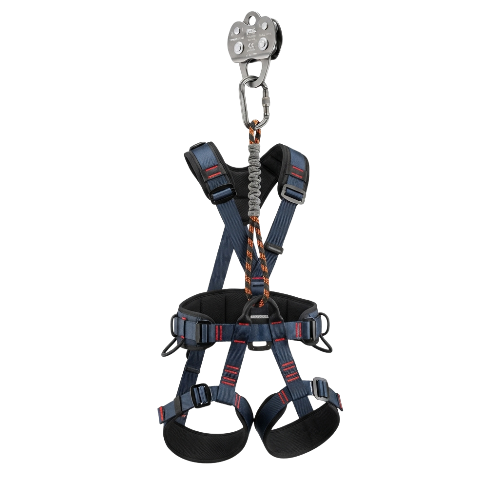 Climbing gear featuring a harness with adjustable straps and a metal carabiner attached at the top