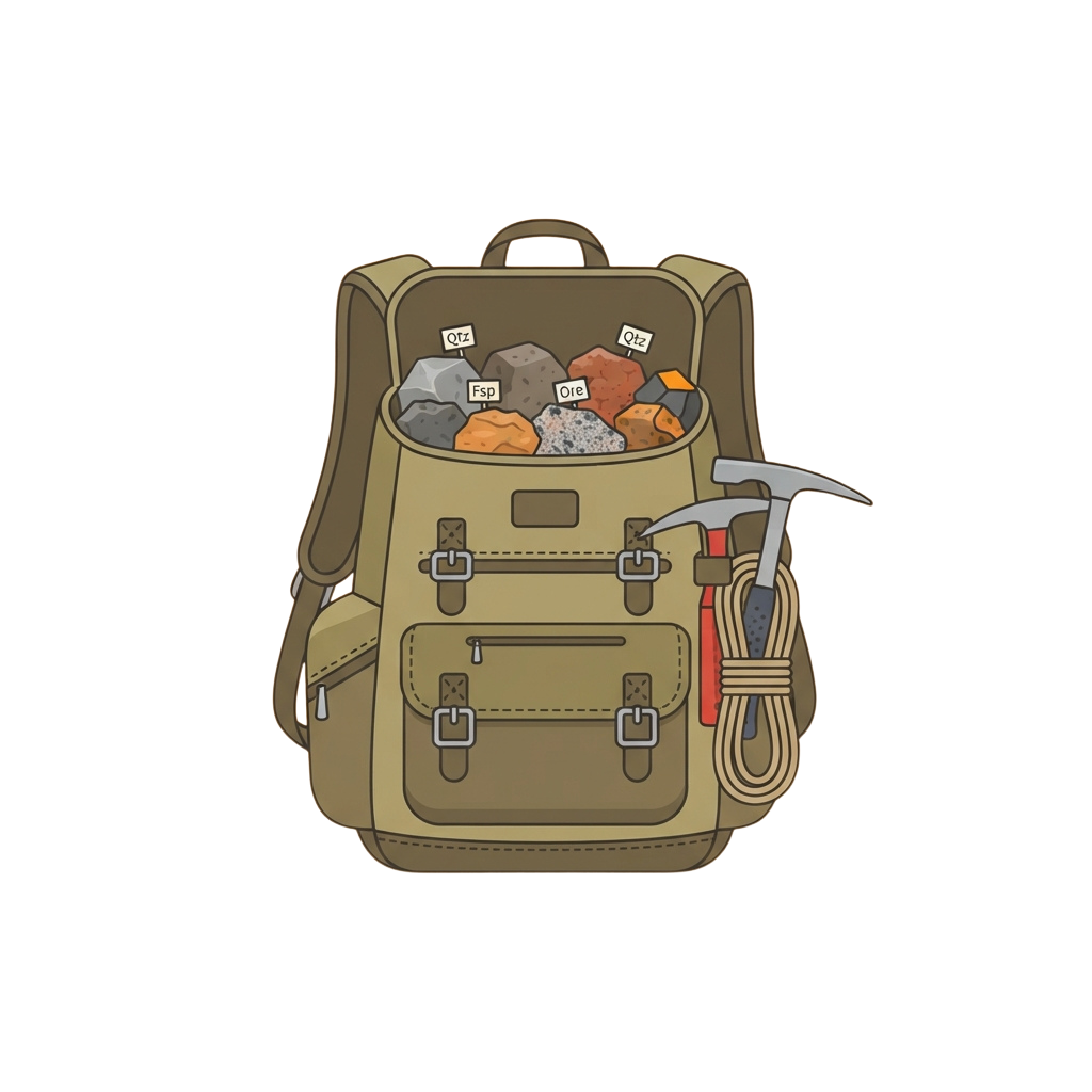 Illustration of a tan backpack filled with various rocks and a pickaxe attached to its side