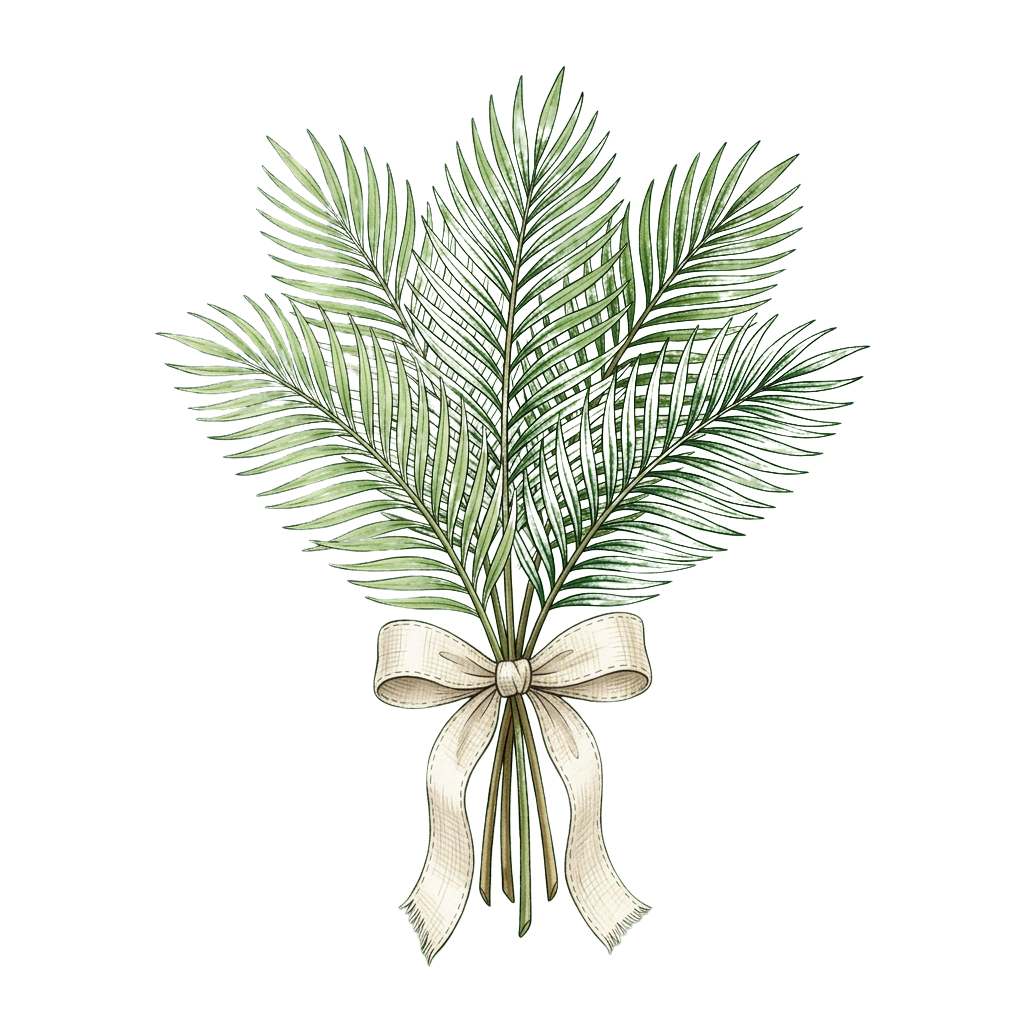 A bundle of green palm fronds tied together with a light-colored ribbon.