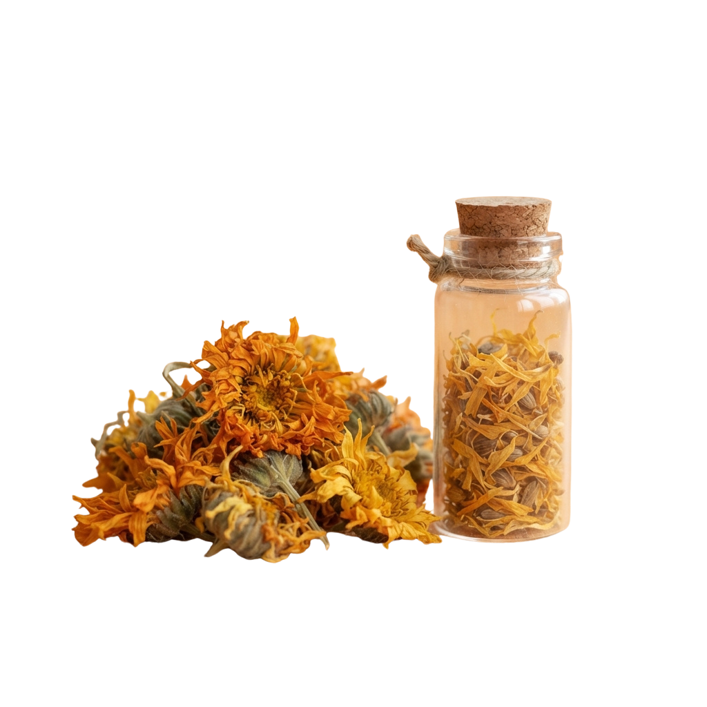 A small glass bottle filled with dried calendula petals next to a pile of loose dried calendula flowers