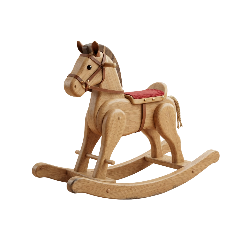 A light brown wooden rocking horse toy with a red saddle, standing on a black background