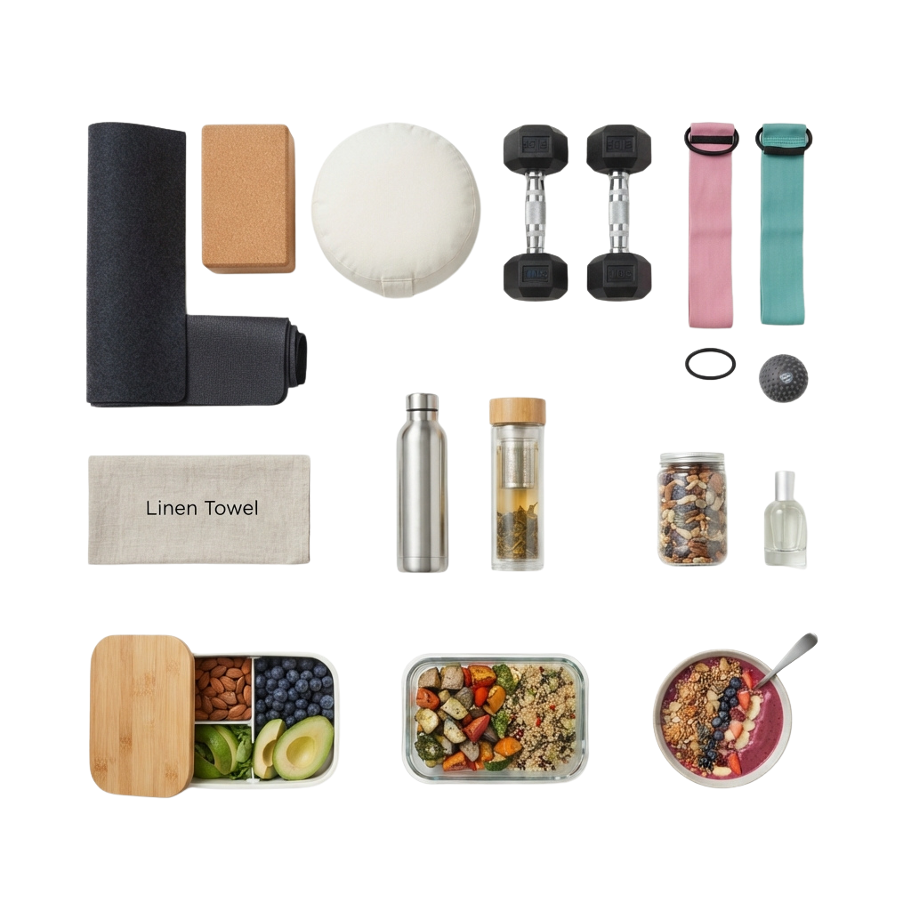Assorted fitness and meal prep items including yoga mat, dumbbells, towels, water bottle, snacks, and containers with food.