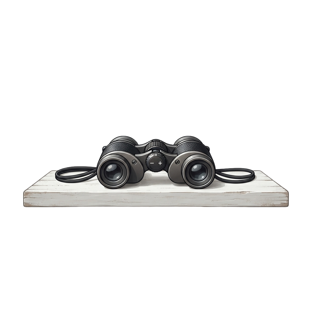 Black binoculars with two eyepieces and a central focus wheel on a light wooden surface