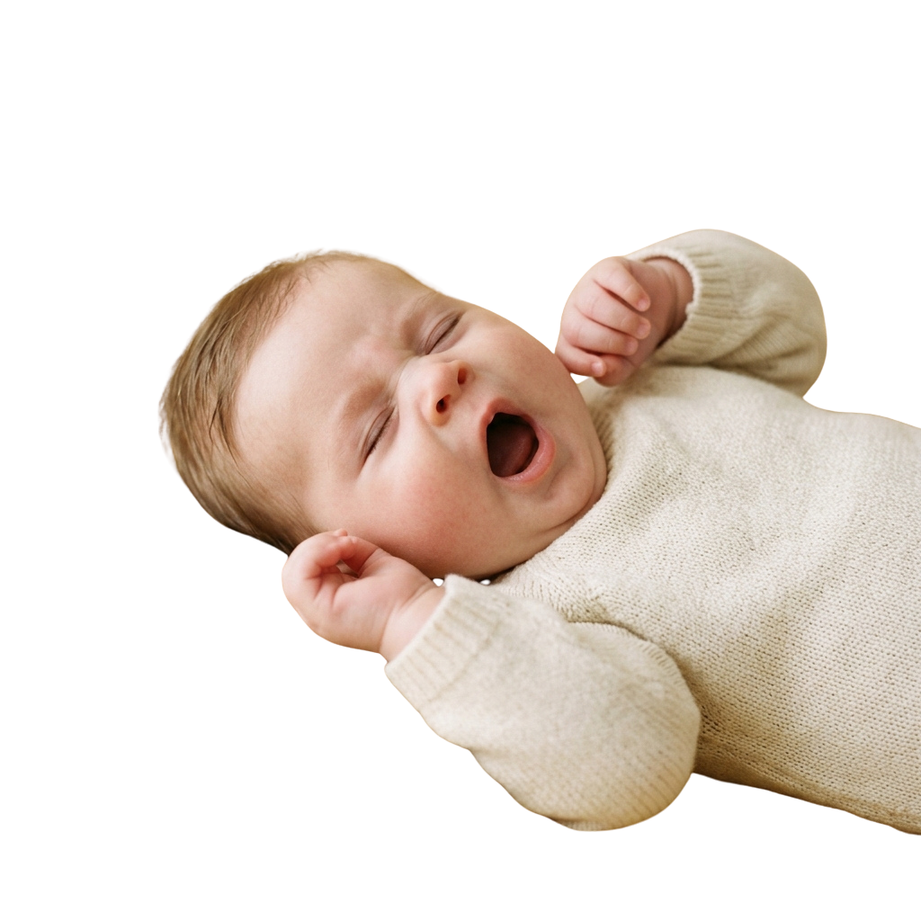 Baby crying with eyes closed while wearing a white long-sleeved onesie