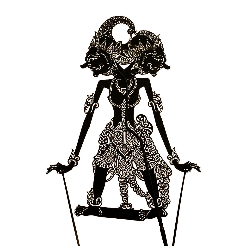 Shadow puppet of a mythical character with intricate patterns, a serpent headdress, and detailed facial features.