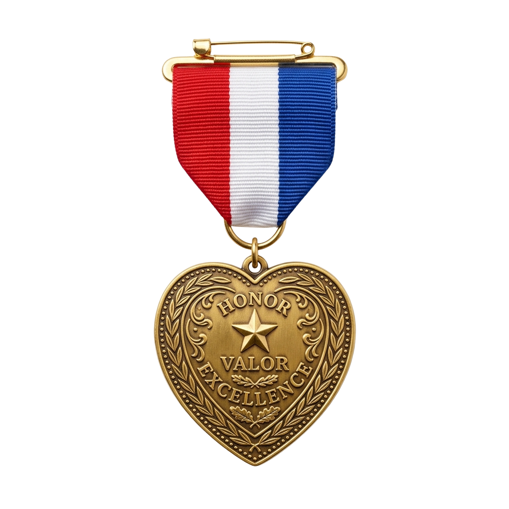 Gold heart-shaped military medal with star and text reading Honor Valor Excellence, attached to a French tricolor ribbon.