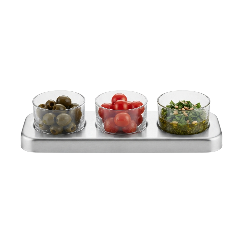 Three clear glass jars on a white tray containing olives, cherry tomatoes, and mixed nuts with herbs