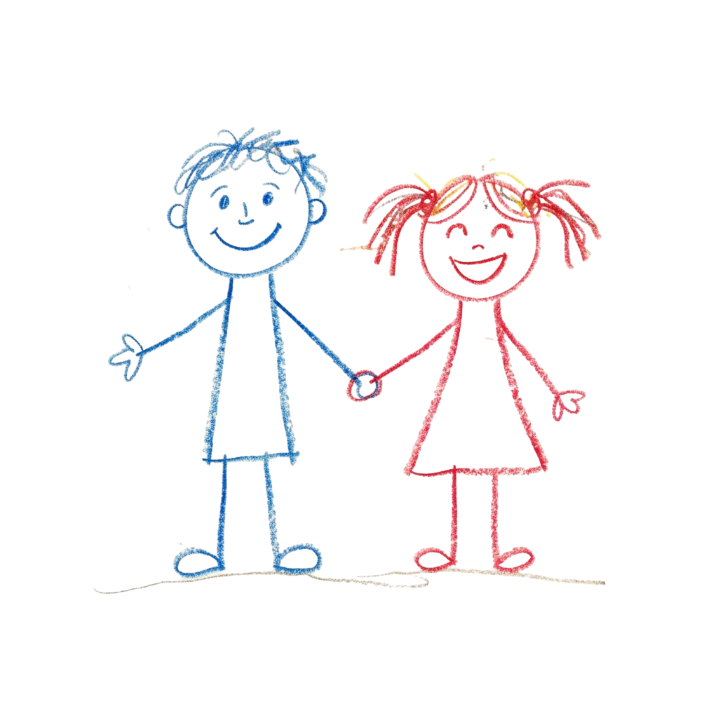 A child-drawn cartoon of a boy and girl holding hands, smiling and standing side by side