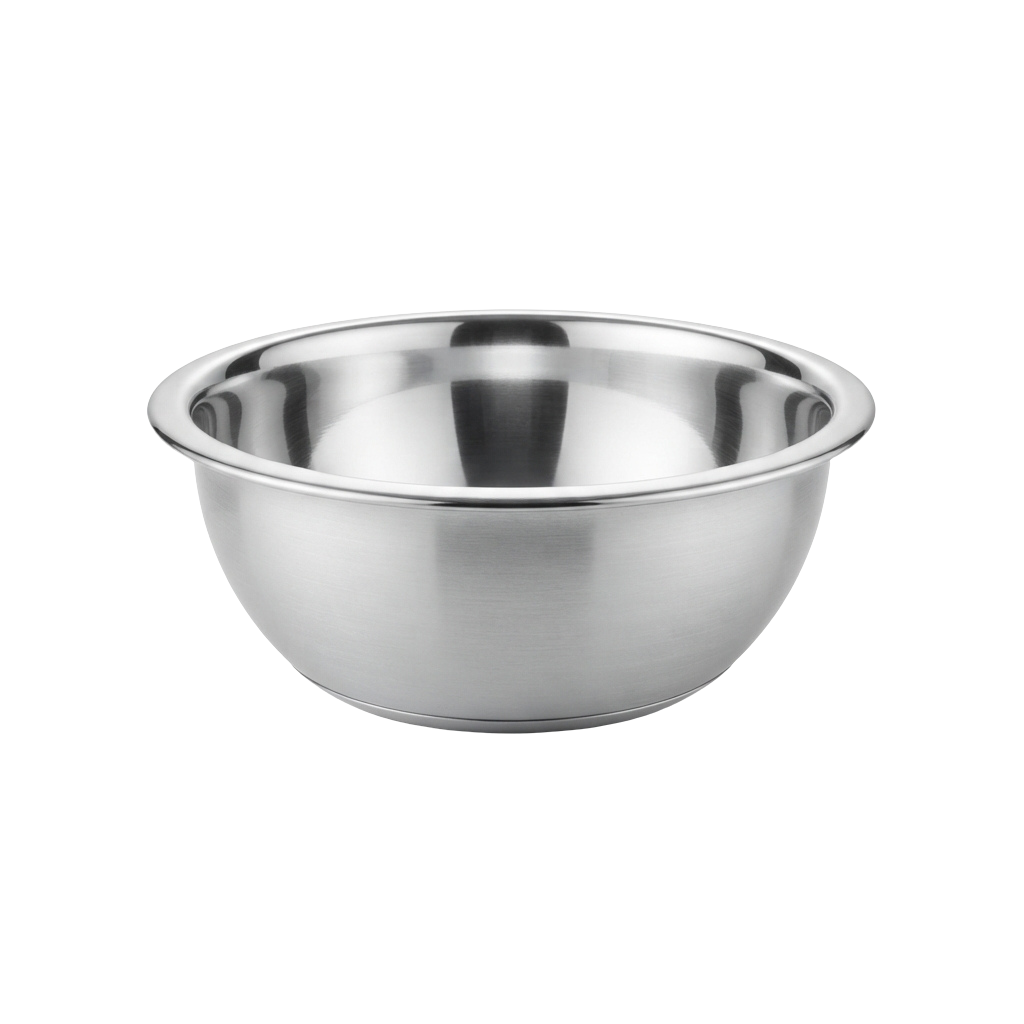 Shiny stainless steel round mixing bowl on black background