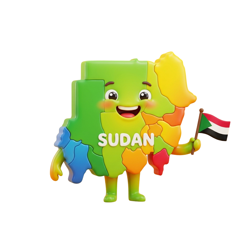 A cheerful cartoon character shaped like the map of Sudan holding its national flag