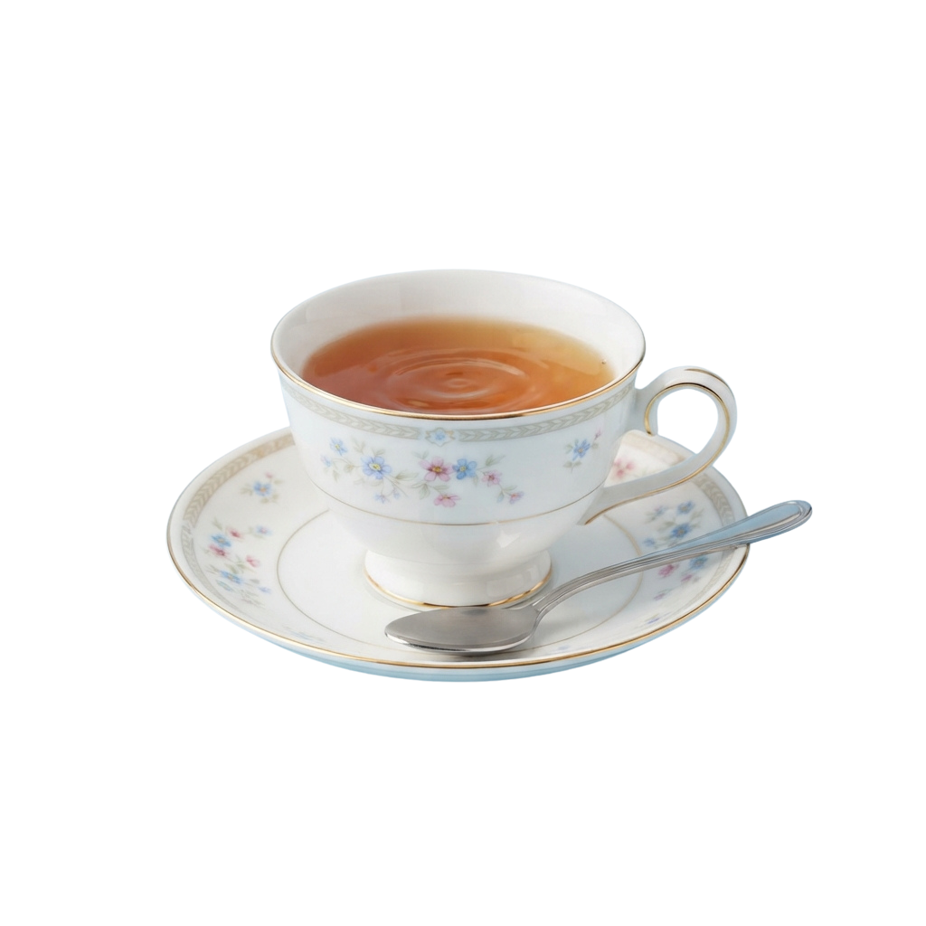 A white porcelain tea cup with floral designs, filled with tea, on a matching saucer with a spoon