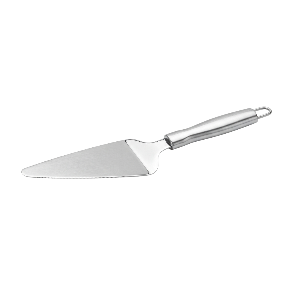 A stainless steel spatula with a serrated edge and a textured, ergonomic handle.