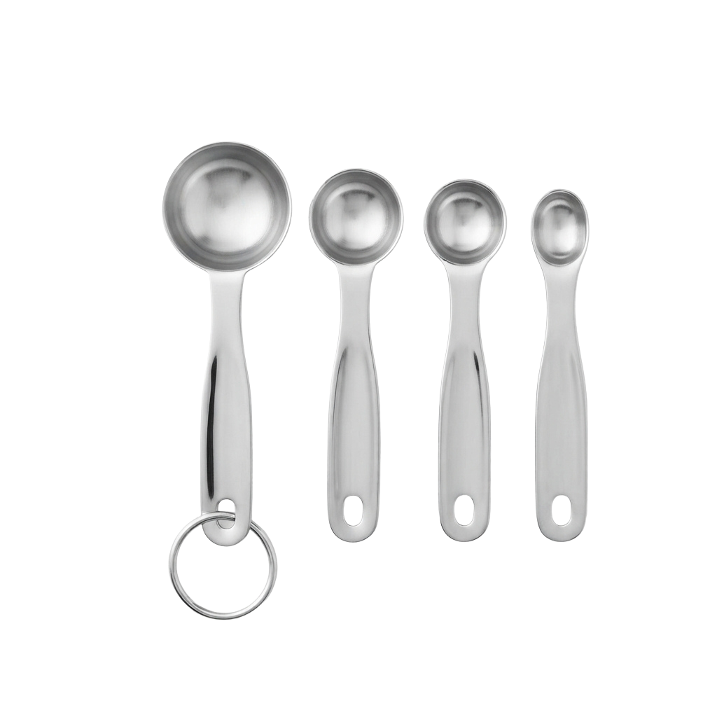 Four stainless steel measuring spoons with sizes decreasing from left to right, including one with a ring handle