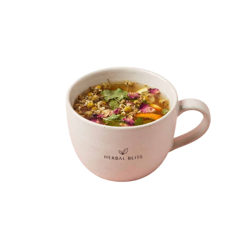 A pink ceramic cup filled with herbal tea topped with seeds, dried flowers, and herbs