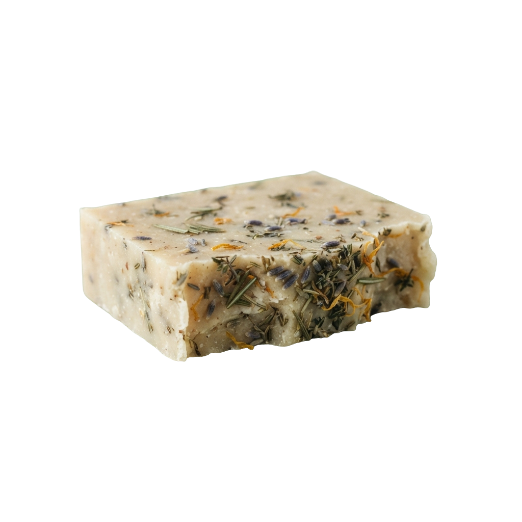 A rectangular bar of light-colored soap with visible lavender and herb specks