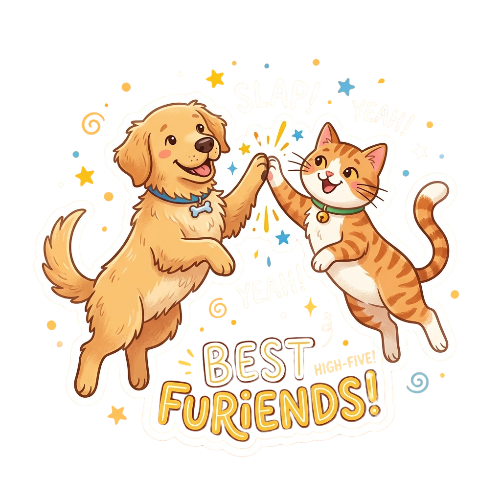 Happy cartoon dog and cat giving each other a high five with a celebratory slap sound effect and stars around them