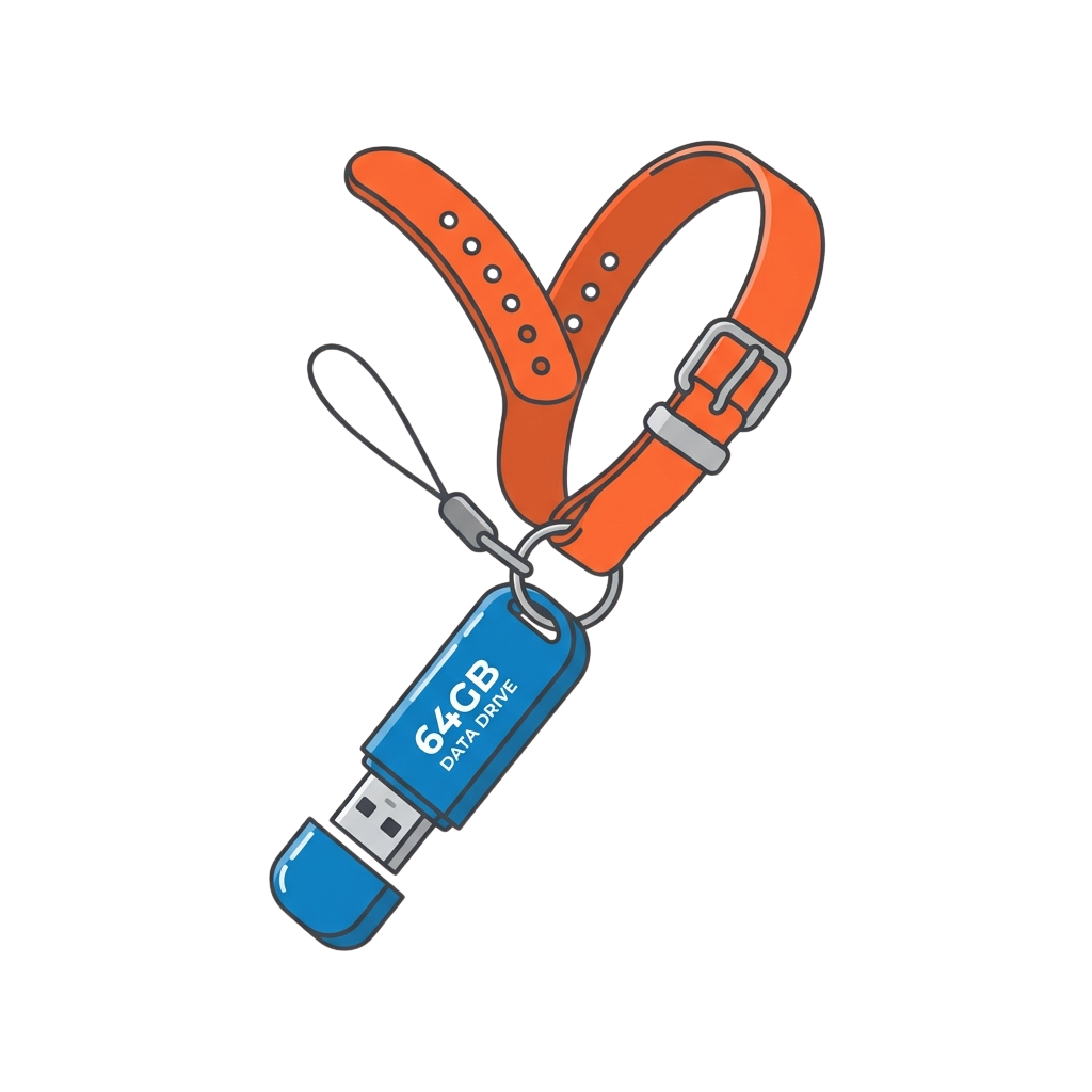 A blue 64GB USB flash drive attached to an orange lanyard with a buckle and keychain loop