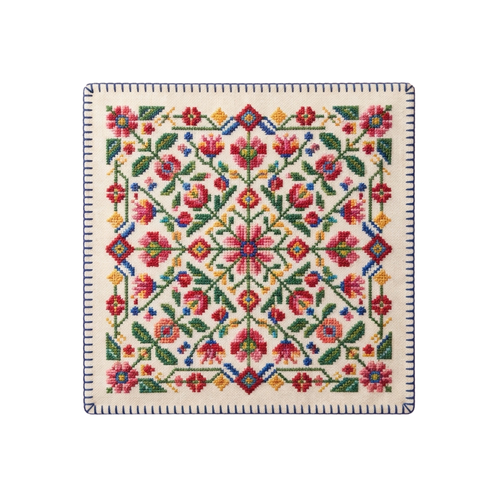 Colorful embroidered textile featuring floral patterns and intricate geometric designs in red, green, blue, and yellow on a light background.