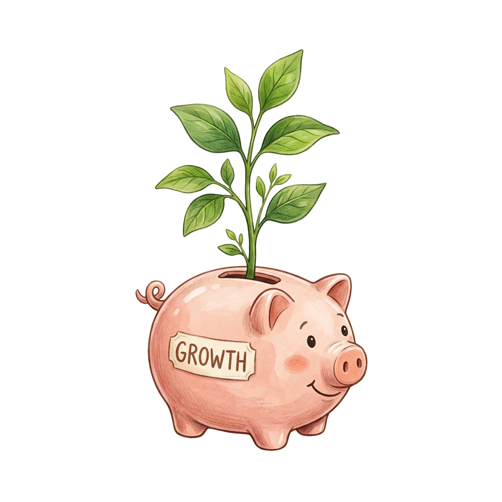 A smiling pink piggy bank with the word growth on it, sprouting a green plant from its slot