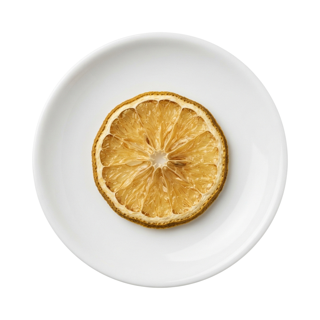 A dried orange slice placed on a white plate against a dark background